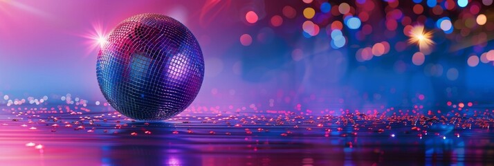 A lively disco with a glittering disco ball and dance floor, offering a fun and energetic backdrop for a party or nightlife banner