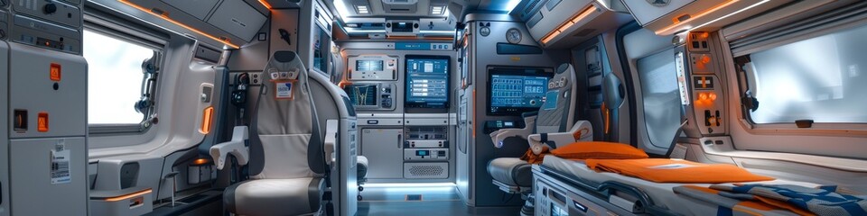 A neat ambulance interior with advanced life support systems, against a simple background for emergency medical service discussions