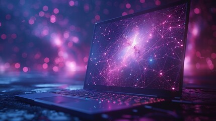 Computers themes with low-poly starry sky and cosmos style. Tech-related and devices concept. Abstract modern computerization theme in blue color. Devices polygonal theme.