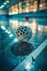 Intimate shot of a floorball ball on the rink, highlighting the hole patterns and the reflective surface