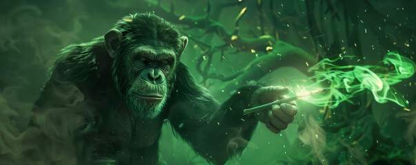 Chimpanzee sorcerer with a wand, summoning elemental magic in a dark enchanted forest
