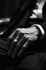 The subtle sign of power in the pinky ring of a mobster, reflecting dim light in a quiet, menacing promise