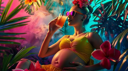 Pregnant woman with sunglasses and cocktail relaxing in a colorful ambiance 02