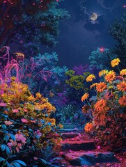 A garden where all the flowers are shades of neon, glowing softly under the moonlight
