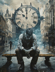 A man with a clock face, his hands ticking in real time, sits on a bench in a timeless cityscape, conveying the relentless march of time - obrazy, fototapety, plakaty