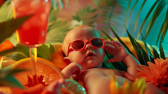 Image shows fetus wearing sunglasses and enjoying a cocktail in the mother's womb, surrounded by vibrant colors and tropical ambiance 01