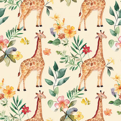 Adorable giraffe pattern with flowers and leaves on watercolor background