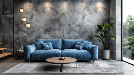 Designer chairs at round black glass table, and with comfy sofa. Mid-century home interior, design of modern living room.