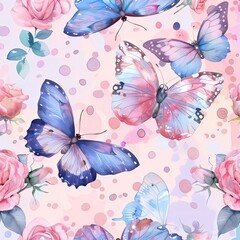 Adorable, pretty butterflies pattern with flowers and butterflies on watercolor background.