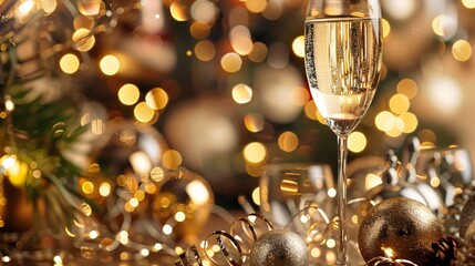 Festive New Year's background adorned with glitzy decor and champagne