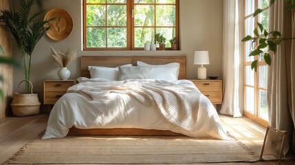 Sunny Bedroom Interior with Cozy Bed and Nature View