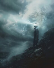 An individual with a lighthouse head, casting beams of light from their eyes, wanders a foggy coast, guiding lost souls to safety, embodying hope and direction