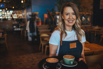 Portrait of girl, student working part-time in cafe, holding cup of coffee, made order, looking for client, wearing uniform. Portrait of kind friendly pleasant girl