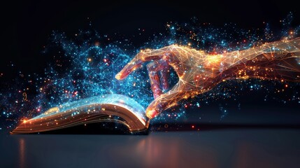 Human hand touching a book. Human hand touching a book. Low poly wireframe online education background. Digital modern illustration. Online learning.