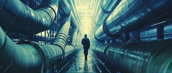 Industrial vigilance, worker amidst network of pipes - obrazy, fototapety, plakaty