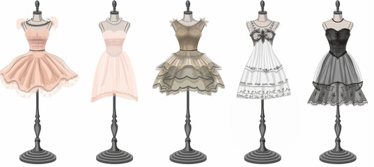 Vector illustration of beautiful retro clothing on mannequins.