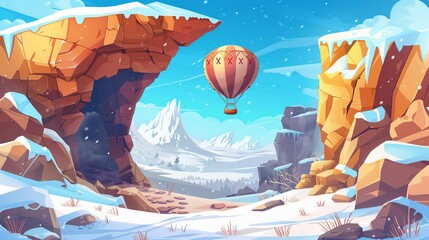 A cave in a rock is seen with a hot air balloon tied outside. Modern cartoon illustration of a winter mountain landscape with a stone cavern and a snowy mountain scape. The airship with basket can be