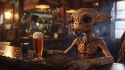 Cinematic scene of a friendly extraterrestrial enjoying a refreshing beer at a cozy pub, with warm amber hues and dim lighting creating a relaxed atmosphere reminiscent of Earthly taverns - obrazy, fototapety, plakaty