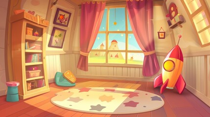 The interior of a child's bedroom with a bed, pillow and cupboard, books on shelves and a rocket toy, is a cozy place with wooden furniture and a wide curtained window. Cartoon modern illustration.