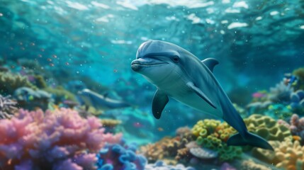 Fototapeta premium Portrait of a dolphin in the ocean with a colorful marine world