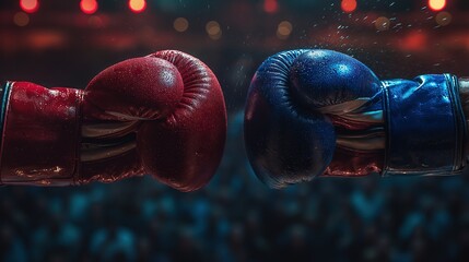 Red and Blue Boxing Gloves Collision - obrazy, fototapety, plakaty