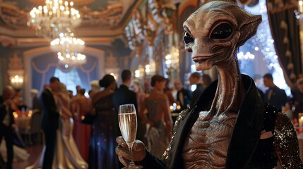 Cinematic scene featuring a curious alien trying a bubbly champagne at a glamorous gala, with glittering chandeliers and elegant guests mingling in the background 02