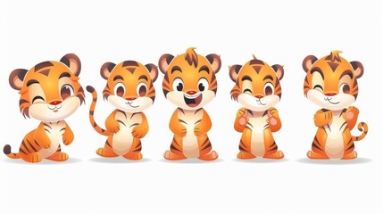 An adorable tiger cub cartoon character with a kawaii muzzle expressing emotions: a smile, a boring face, and a waving paw. White kitten with orange stripes isolated on a white background.
