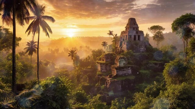 Majestic jungle ruins at sunset - wide shot