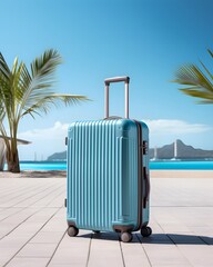 Travel luggage blue suitcase on summer background	
