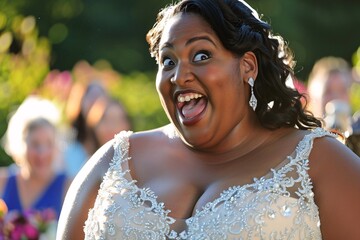 Close-up shot capturing the joyous expression of the obese bride, her eyes shimmering with excitement and love as she says "I do." 06