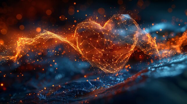 Abstract 3D heart beat on dark background. Digital music sound modern network with line, dot and polygon shapes. Futuristic wireframe curve of heartbeat.