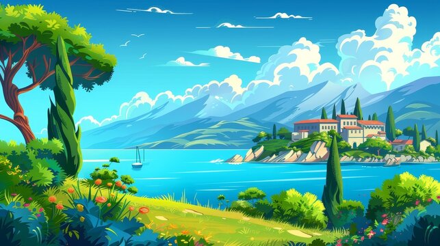 Sea harbor, green grass and trees on the coast of a summer Mediterranean landscape with hills and mountains on the horizon. Modern cartoon illustration of sea harbor, green grass and trees on the