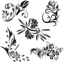 Set of exquisite ornamental floral doodle designs with flowers, roses, buds, violets, cloves, corners in abstract style. spring and summer theme. very clean vector lines, vinyl and laser ready.