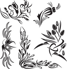 Set of exquisite ornamental floral doodle designs with flowers, rose buds, tulips bouquet, floral corners in abstract style. Spring and summer theme. Very clean vector lines, vinyl and laser ready.