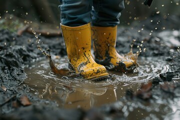 Close-up of Toddler's Feet in Yellow Rain Wellingtons Jumping in Puddles on Rainy Day