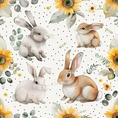 Adorable bunnies pattern with flowers and leaves on watercolor background.	