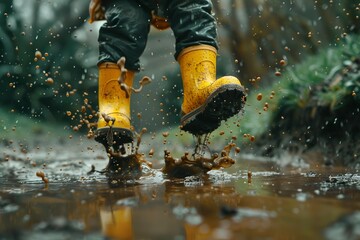 Close-up of Child's Feet in Yellow Rain Galoshes Jumping in Puddles on Rainy Day