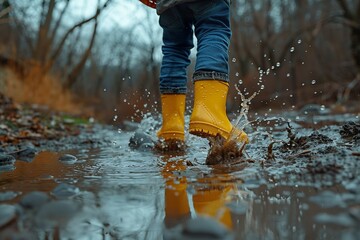 Close-up of Kid's Feet in Yellow Rain Boots Splashing in Puddles on Rainy Day