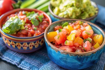 Two bowls of fresh salsa on a blue cloth.