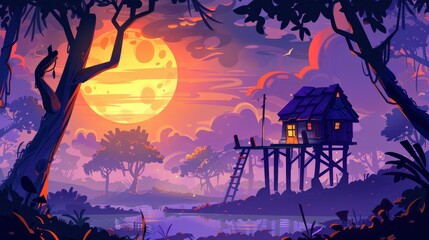Old stilt house in woods. Old shack on piles in woods, abandoned witch hut, game background, fantasy mystic nature landscape with cottage on deep marsh, cartoon modern illustration.