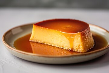 Slice of caramel-topped flan on a plate with syrup.