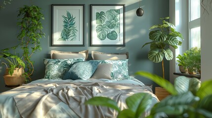 Cozy Bedroom with Natural Light and Greenery Accents