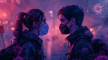 This is a composite illustration of a man and woman wearing surgical masks looking at each other against a world or Earth planet background. This is a low poly wireframe digital modern illustration. - obrazy, fototapety, plakaty