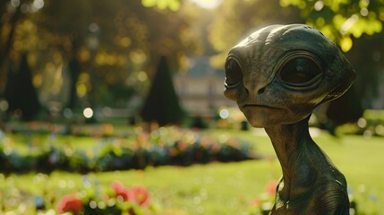 Cinematic snapshot of a curious extraterrestrial admiring the picturesque beauty of the Luxembourg Gardens in Paris, with manicured lawns and blooming flowerbeds softly blurred in the background
