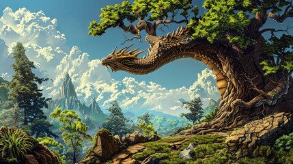 Wood dragon fantasy landscape digital illustration