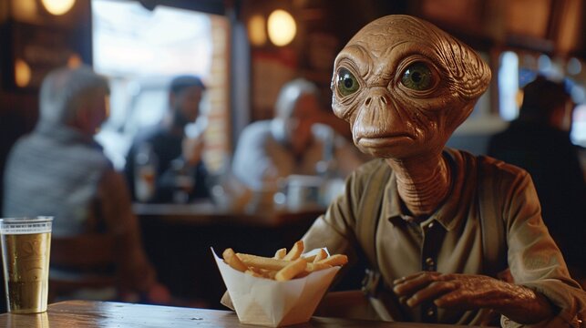 Cinematic snapshot of a cheerful alien enjoying traditional fish and chips at a quaint pub in London, with rustic interiors and locals chatting softly blurred in the background 02