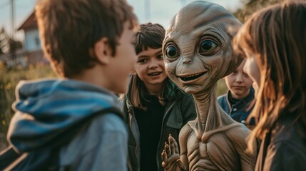 Fototapeta premium Cinematic photo of a friendly extraterrestrial and a group of diverse students laughing together during recess, the playground alive with the sounds of joy and camaraderie 02