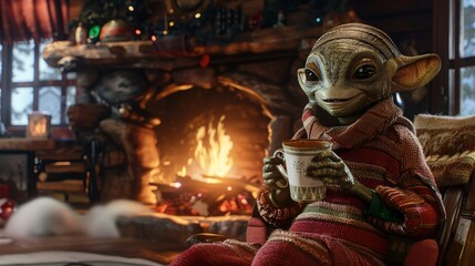 Cinematic moment of an amiable alien sipping hot cocoa beside a roaring fireplace in a cozy mountain cabin
