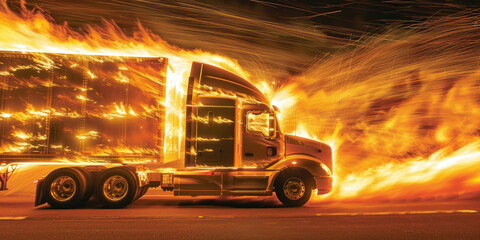 Dangerous semi truck driving down road with flames shooting out from the back of the vehicle