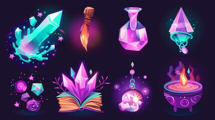 This is a Halloween cartoon banner with flying magician stuff like a witch cauldron, spell book, crystal globe, and amulets. This could be used for an alchemy school education or computer game.